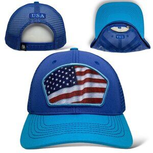 American Flag Trucker Snapback Cap – Blue, curved brim, Unisex